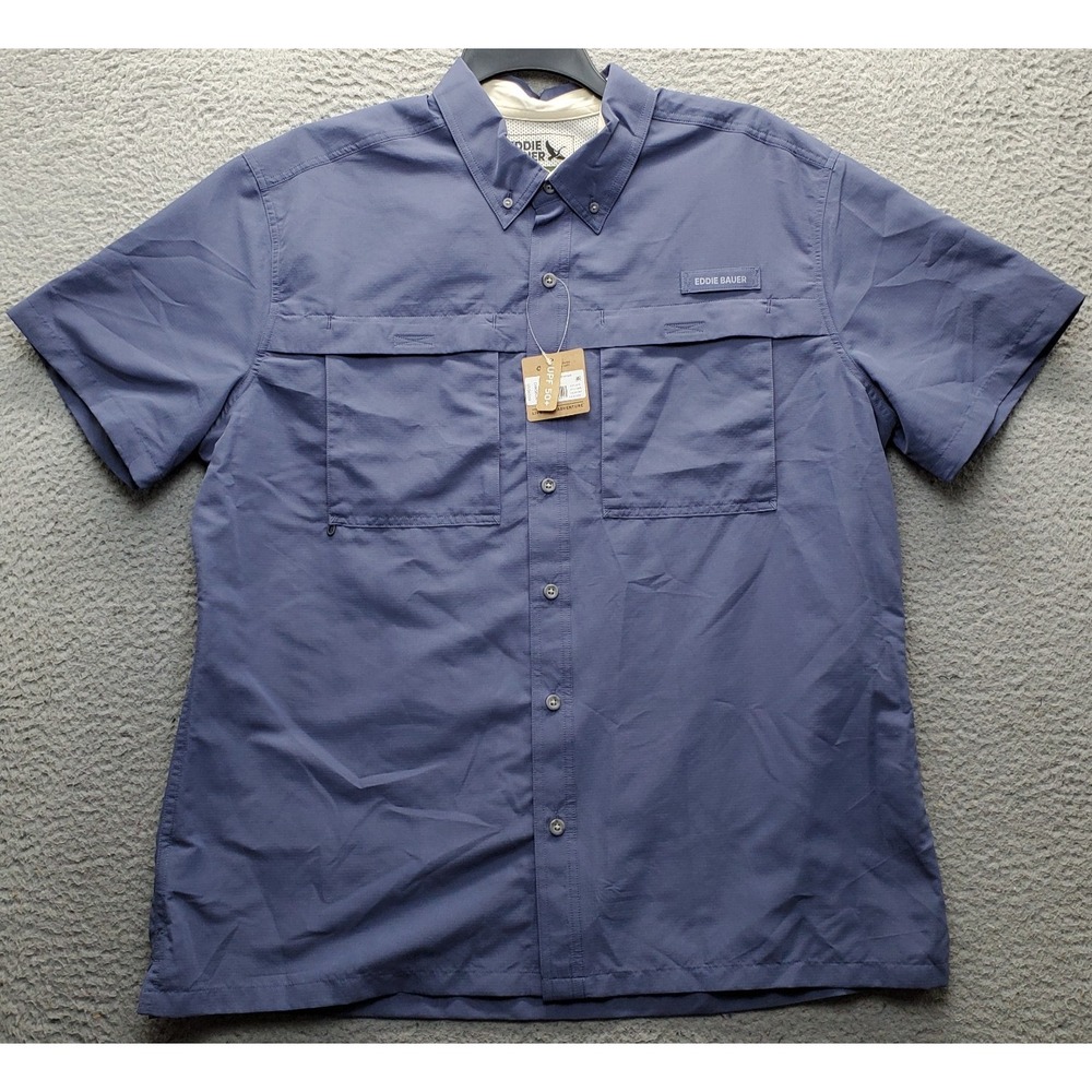 Eddie Bauer Rainier Ripstop Shirt Men XL Blue Short Sleeve Fishing Vented Collar